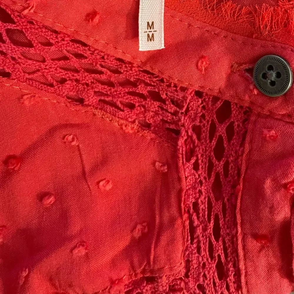 Free People Red Swiss Dot Embroidered Crotchet Trim Blouse Size Medium